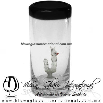 Tequilero Cilíndrico con Gusanito y Borde de Color Negro, Fábrica de Vidrio Soplado Artesanal, made in México - Blown Glass Factory Store Tonala, Handcraft, Handmade.
