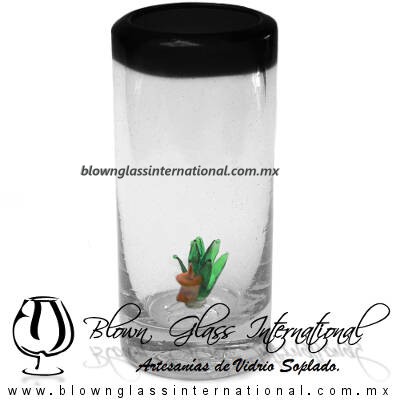 Tequilero Cilíndrico con Agave-Rancherito y Borde de Color Negro. Fábrica de Vidrio Soplado Artesanal, made in México - Blown Glass Factory Store Tonala, Handcraft, Handmade.
