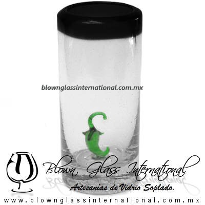 Tequilero Cilíndrico con Chile y Borde de Color Negro, Fábrica de Vidrio Soplado Artesanal, made in México - Blown Glass Factory Store Tonala, Handcraft, Handmade.