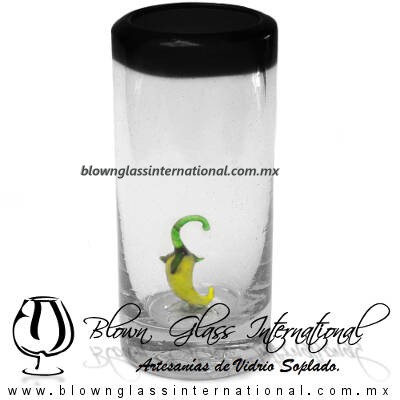 Tequilero Cilíndrico con Chile y Borde de Color Negro, Fábrica de Vidrio Soplado Artesanal, made in México - Blown Glass Factory Store Tonala, Handcraft, Handmade.