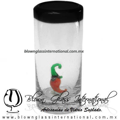 Tequilero Cilíndrico con Chile y Borde de Color Negro, Fábrica de Vidrio Soplado Artesanal, made in México - Blown Glass Factory Store Tonala, Handcraft, Handmade.
