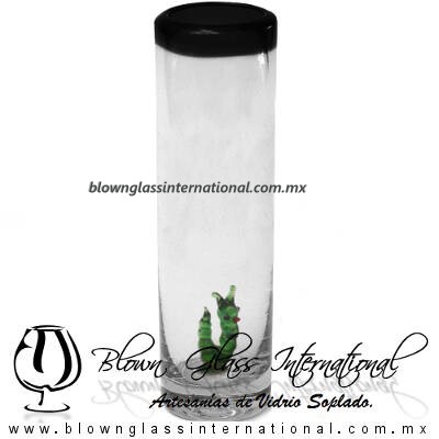 Tequilero Cilíndrico con Gusanito y Borde de Color Negro, Fábrica de Vidrio Soplado Artesanal, made in México - Blown Glass Factory Store Tonala, Handcraft, Handmade.