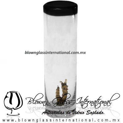 Tequilero Cilíndrico con Gusanito y Borde de Color Negro, Fábrica de Vidrio Soplado Artesanal, made in México - Blown Glass Factory Store Tonala, Handcraft, Handmade.