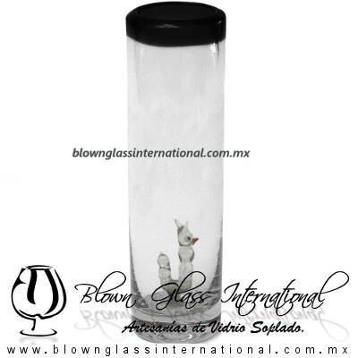 Tequilero Cilíndrico con Gusanito y Borde de Color Negro, Fábrica de Vidrio Soplado Artesanal, made in México - Blown Glass Factory Store Tonala, Handcraft, Handmade.