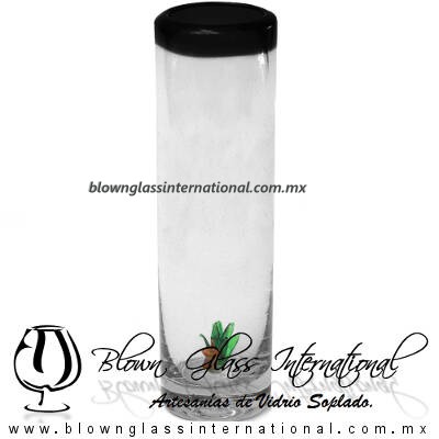 Tequilero Cilíndrico con Agave-Rancherito y Borde de Color Negro. Fábrica de Vidrio Soplado Artesanal, made in México - Blown Glass Factory Store Tonala, Handcraft, Handmade.