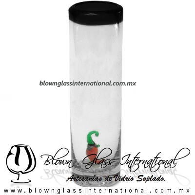 Tequilero Cilíndrico con Chile y Borde de Color Negro, Fábrica de Vidrio Soplado Artesanal, made in México - Blown Glass Factory Store Tonala, Handcraft, Handmade.