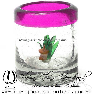 Tequilero Cilíndrico con Agave-Rancherito y Borde de Color Pintado rosa mexicano Fucsia Fiusha. Fábrica de Vidrio Soplado Artesanal, made in México - Blown Glass Factory Store Tonala, Handcraft, Handmade.