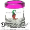 Tequilero Cilíndrico con Chile y Borde de Color Pintado Rosa Mexicano Fucsia Fiusha, Fábrica de Vidrio Soplado Artesanal, made in México - Blown Glass Factory Store Tonala, Handcraft, Handmade.