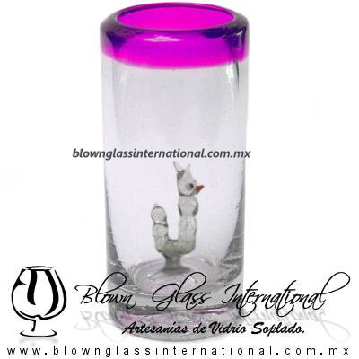 Tequilero Cilíndrico con Gusanito y Borde de Color Pintado Rosa Fucsia Fiusha, Fábrica de Vidrio Soplado Artesanal, made in México - Blown Glass Factory Store Tonala, Handcraft, Handmade.