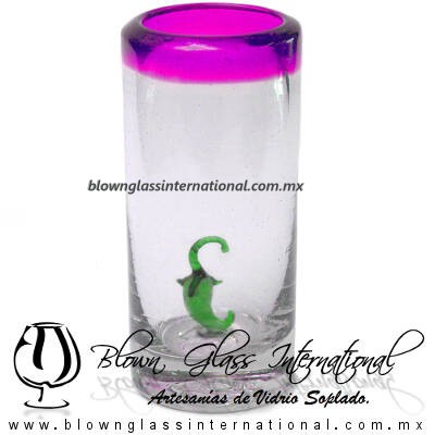 Tequilero Cilíndrico con Chile y Borde de Color Pintado Rosa Mexicano Fucsia Fiusha, Fábrica de Vidrio Soplado Artesanal, made in México - Blown Glass Factory Store Tonala, Handcraft, Handmade.