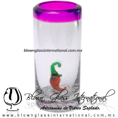 Tequilero Cilíndrico con Chile y Borde de Color Pintado Rosa Mexicano Fucsia Fiusha, Fábrica de Vidrio Soplado Artesanal, made in México - Blown Glass Factory Store Tonala, Handcraft, Handmade.