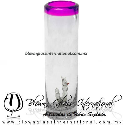Tequilero Cilíndrico con Gusanito y Borde de Color Pintado Rosa Fucsia Fiusha, Fábrica de Vidrio Soplado Artesanal, made in México - Blown Glass Factory Store Tonala, Handcraft, Handmade.