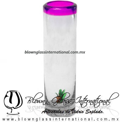 Tequilero Cilíndrico con Agave-Rancherito y Borde de Color Pintado rosa mexicano Fucsia Fiusha. Fábrica de Vidrio Soplado Artesanal, made in México - Blown Glass Factory Store Tonala, Handcraft, Handmade.