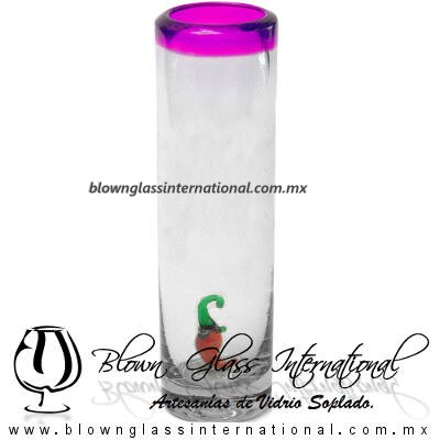 Tequilero Cilíndrico con Chile y Borde de Color Pintado Rosa Mexicano Fucsia Fiusha, Fábrica de Vidrio Soplado Artesanal, made in México - Blown Glass Factory Store Tonala, Handcraft, Handmade.