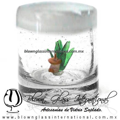 Tequilero Cilíndrico con Agave-Rancherito y Borde de Color Blanco Opalino. Fábrica de Vidrio Soplado Artesanal, made in México - Blown Glass Factory Store Tonala, Handcraft, Handmade.