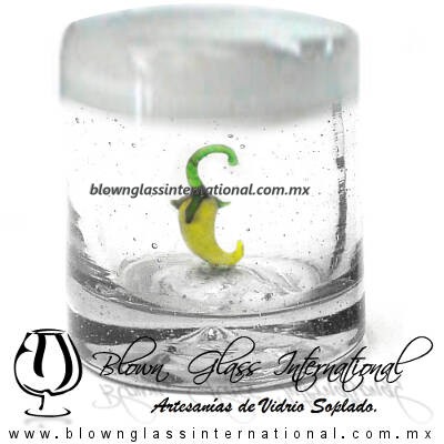 Tequilero Cilíndrico con Chile y Borde de Color Blanco Opalino, Fábrica de Vidrio Soplado Artesanal, made in México - Blown Glass Factory Store Tonala, Handcraft, Handmade.