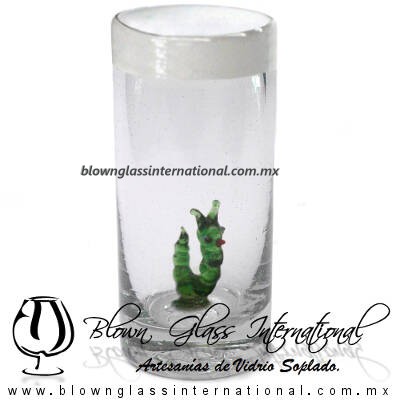 Tequilero Cilíndrico con Gusanito y Borde de Color Blanco Opalino, Fábrica de Vidrio Soplado Artesanal, made in México - Blown Glass Factory Store Tonala, Handcraft, Handmade.