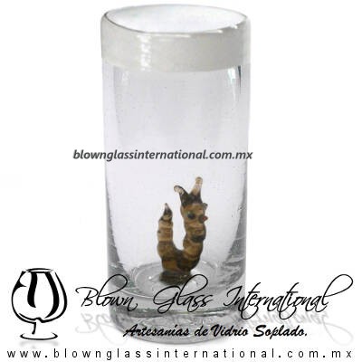 Tequilero Cilíndrico con Gusanito y Borde de Color Blanco Opalino, Fábrica de Vidrio Soplado Artesanal, made in México - Blown Glass Factory Store Tonala, Handcraft, Handmade.