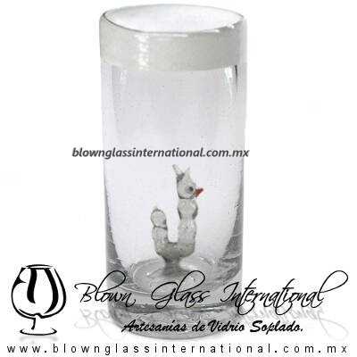 Tequilero Cilíndrico con Gusanito y Borde de Color Blanco Opalino, Fábrica de Vidrio Soplado Artesanal, made in México - Blown Glass Factory Store Tonala, Handcraft, Handmade.