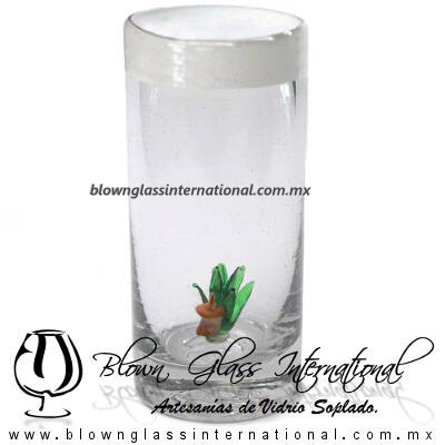 Tequilero Cilíndrico con Agave-Rancherito y Borde de Color Blanco Opalino. Fábrica de Vidrio Soplado Artesanal, made in México - Blown Glass Factory Store Tonala, Handcraft, Handmade.