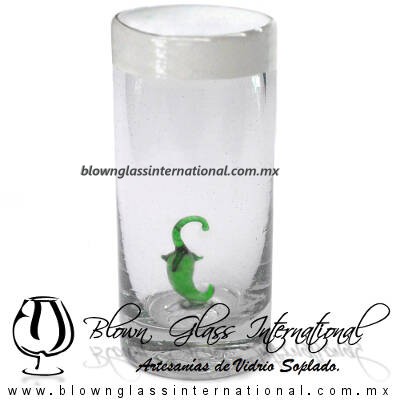 Tequilero Cilíndrico con Chile y Borde de Color Blanco Opalino, Fábrica de Vidrio Soplado Artesanal, made in México - Blown Glass Factory Store Tonala, Handcraft, Handmade.