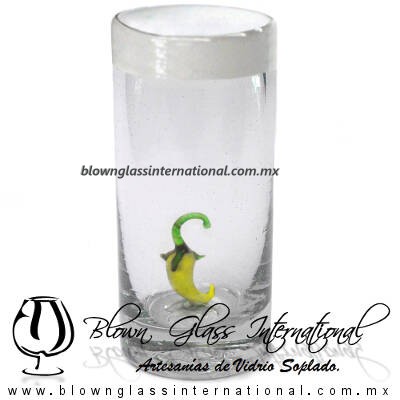 Tequilero Cilíndrico con Chile y Borde de Color Blanco Opalino, Fábrica de Vidrio Soplado Artesanal, made in México - Blown Glass Factory Store Tonala, Handcraft, Handmade.
