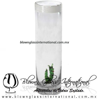 Tequilero Cilíndrico con Gusanito y Borde de Color Blanco Opalino, Fábrica de Vidrio Soplado Artesanal, made in México - Blown Glass Factory Store Tonala, Handcraft, Handmade.