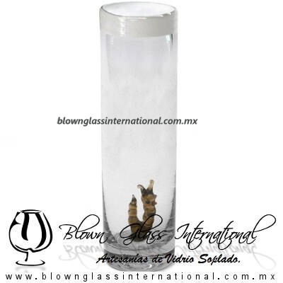 Tequilero Cilíndrico con Gusanito y Borde de Color Blanco Opalino, Fábrica de Vidrio Soplado Artesanal, made in México - Blown Glass Factory Store Tonala, Handcraft, Handmade.