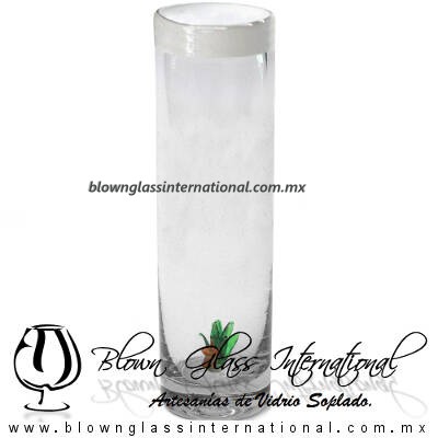 Tequilero Cilíndrico con Agave-Rancherito y Borde de Color Blanco Opalino. Fábrica de Vidrio Soplado Artesanal, made in México - Blown Glass Factory Store Tonala, Handcraft, Handmade.