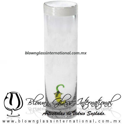 Tequilero Cilíndrico con Chile y Borde de Color Blanco Opalino, Fábrica de Vidrio Soplado Artesanal, made in México - Blown Glass Factory Store Tonala, Handcraft, Handmade.