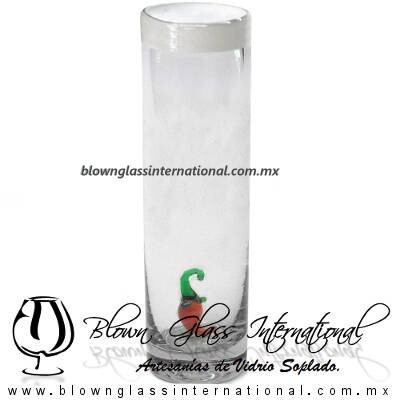 Tequilero Cilíndrico con Chile y Borde de Color Blanco Opalino, Fábrica de Vidrio Soplado Artesanal, made in México - Blown Glass Factory Store Tonala, Handcraft, Handmade.