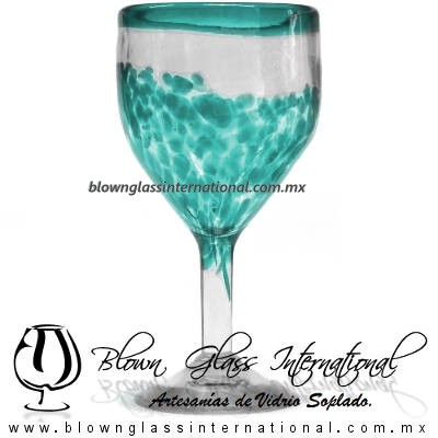 Copa Vino Borde y Pintas Inferior de Color Azul Teal (Turquesa). Fábrica de Vidrio Soplado Artesanal, made in México - Blown Glass Factory Store Tonala, Handcraft, Handmade.