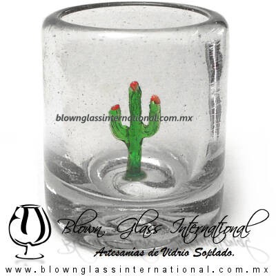 Tequilero Cilíndrico Cristal con Cactus. Fábrica de Vidrio Soplado Artesanal, made in México - Blown Glass Factory Store Tonala, Handcraft, Handmade.