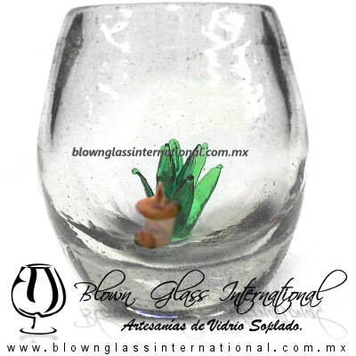 Tequilero Barril Cristal con Agave-Rancherito. Fábrica de Vidrio Soplado Artesanal, made in México - Blown Glass Factory Store Tonala, Handcraft, Handmade.