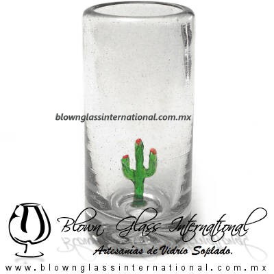 Tequilero Cilíndrico Cristal con Cactus. Fábrica de Vidrio Soplado Artesanal, made in México - Blown Glass Factory Store Tonala, Handcraft, Handmade.
