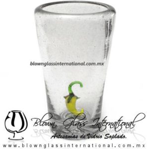 Tequilero Cónico Cristal con Chile. Fábrica de Vidrio Soplado Artesanal, made in México - Blown Glass Factory Store Tonala, Handcraft, Handmade.