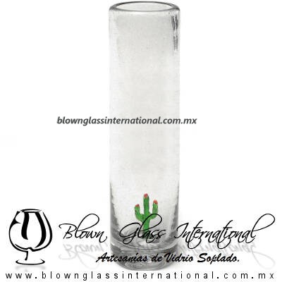 Tequilero Cilíndrico Cristal con Cactus. Fábrica de Vidrio Soplado Artesanal, made in México - Blown Glass Factory Store Tonala, Handcraft, Handmade.