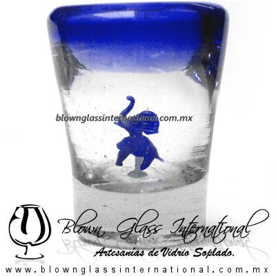 Tequilero Cónico con Elefante y borde Azul Cobalto . Fábrica de Vidrio Soplado Artesanal, made in México - Blown Glass Factory Store Tonala, Handcraft, Handmade.