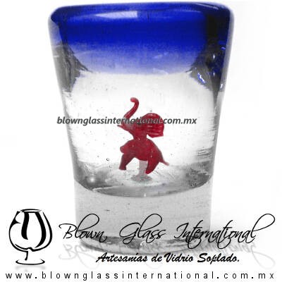 Tequilero Cónico con Elefante y borde Azul Cobalto . Fábrica de Vidrio Soplado Artesanal, made in México - Blown Glass Factory Store Tonala, Handcraft, Handmade.