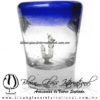 Tequilero Cónico con Gusano y borde de color azul cobalto. Fábrica de Vidrio Soplado Artesanal, made in México - Blown Glass Factory Store Tonala, Handcraft, Handmade.