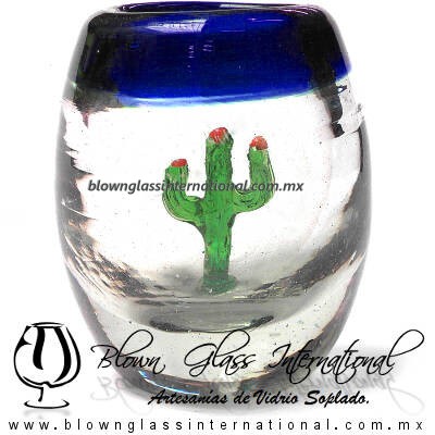 Tequilero Barril con Cactus y borde de color. Fábrica de Vidrio Soplado Artesanal, made in México - Blown Glass Factory Store Tonala, Handcraft, Handmade.