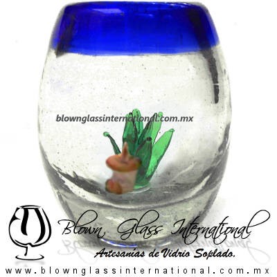Tequilero Barril con Agave-Rancherito y Borde de Color Azul Cobalto. Fábrica de Vidrio Soplado Artesanal, made in México - Blown Glass Factory Store Tonala, Handcraft, Handmade. Tequilero Barril con Agave-Rancherito y Borde de Color Azul Cobalto. Fábrica de Vidrio Soplado Artesanal, made in México - Blown Glass Factory Store Tonala, Handcraft, Handmade.