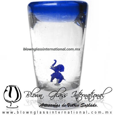 Tequilero Cónico con Elefante y borde Azul Cobalto . Fábrica de Vidrio Soplado Artesanal, made in México - Blown Glass Factory Store Tonala, Handcraft, Handmade.
