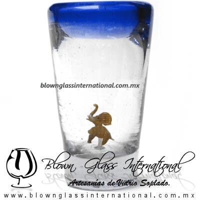Tequilero Cónico con Elefante y borde Azul Cobalto . Fábrica de Vidrio Soplado Artesanal, made in México - Blown Glass Factory Store Tonala, Handcraft, Handmade.