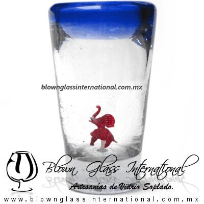 Tequilero Cónico con Elefante y borde Azul Cobalto . Fábrica de Vidrio Soplado Artesanal, made in México - Blown Glass Factory Store Tonala, Handcraft, Handmade.