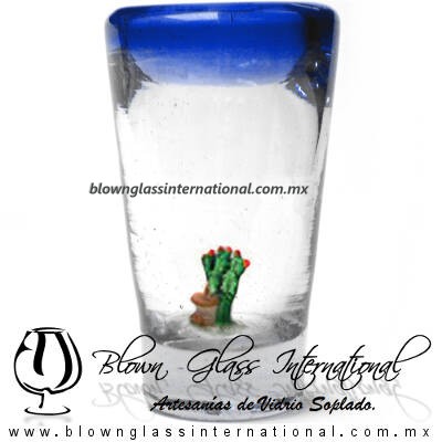 Tequilero Cónico con Nopal-Rancherito y Borde de Color Azul Cobalto. Fábrica de Vidrio Soplado Artesanal, made in México - Blown Glass Factory Store Tonala, Handcraft, Handmade.