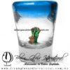 Tequilero Cónico con Nopal-Rancherito y Borde de Color Azul Aguamarina (Aqua). Fábrica de Vidrio Soplado Artesanal, made in México - Blown Glass Factory Store Tonala, Handcraft, Handmade.