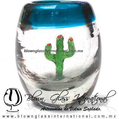 Tequilero Barril con Cactus y borde de color. Fábrica de Vidrio Soplado Artesanal, made in México - Blown Glass Factory Store Tonala, Handcraft, Handmade.