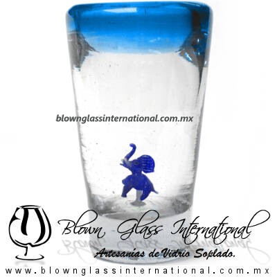 Tequilero Cónico con Elefante y borde Aguamarina (Aqua) . Fábrica de Vidrio Soplado Artesanal, made in México - Blown Glass Factory Store Tonala, Handcraft, Handmade.
