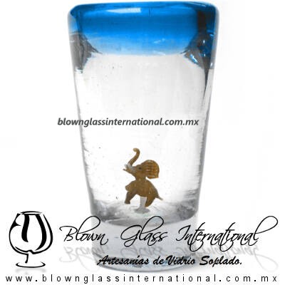 Tequilero Cónico con Elefante y borde Aguamarina (Aqua) . Fábrica de Vidrio Soplado Artesanal, made in México - Blown Glass Factory Store Tonala, Handcraft, Handmade.